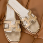 H Cutout Raffia Slide Gold