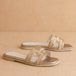 H Cutout Raffia Slide Gold