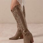 Knee High Embroidered Cowboy Boot Dark Taupe